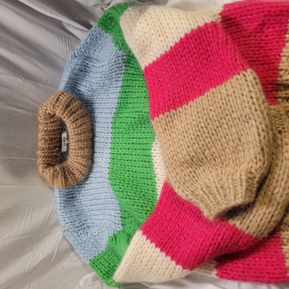 Ganni Pink and Green Cowl Neck Sweater